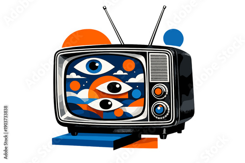 Vintage 1960s television set with rounded screen displaying surreal dream imagery of floating eyes and abstract