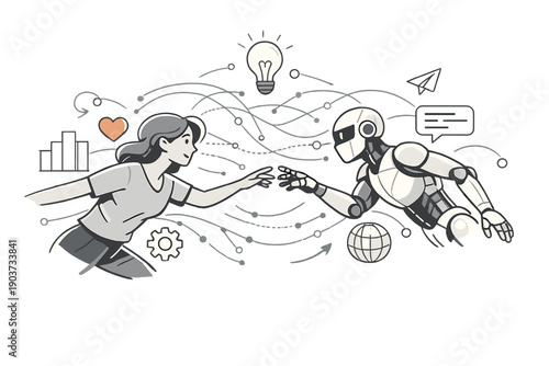 Technology and humanity. Humans and machines reaching toward each other, data lines flowing like shared thoughts. A