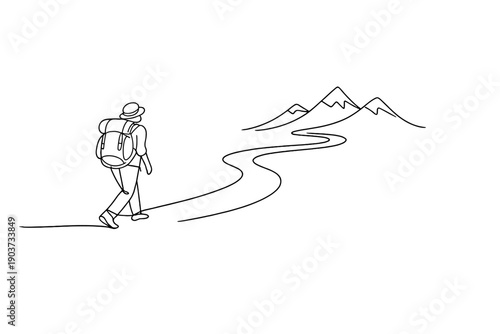 "Traveler with backpack: journey start". Minimalistic one-line drawing of a backpacked traveler stepping onto a winding