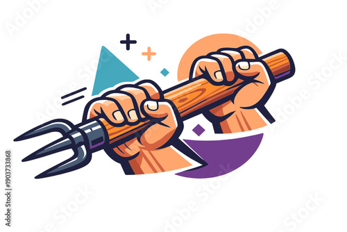 Pitchfork handle design. A close-up of a sturdy wooden handle with visible grain, hands gripping it firmly during work.