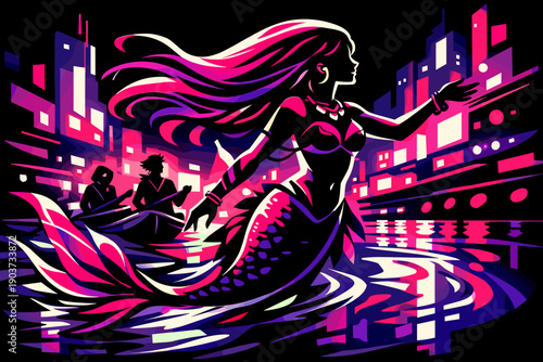 At nightfall, a stylized cyberpunk mermaid leads a small group through illuminated canals, modern flat illustration with