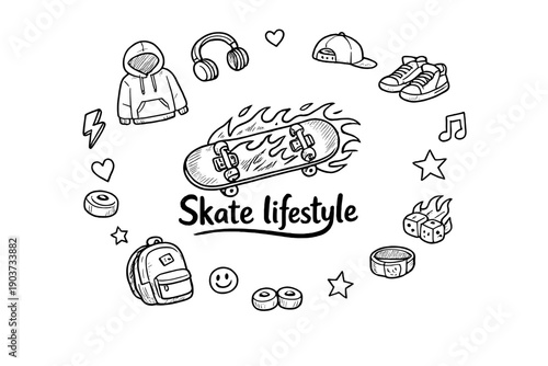 Skate Doodle Art. Skate lifestyle. Hand-drawn doodle illustration of Skate lifestyle. In the middle, one slightly larger