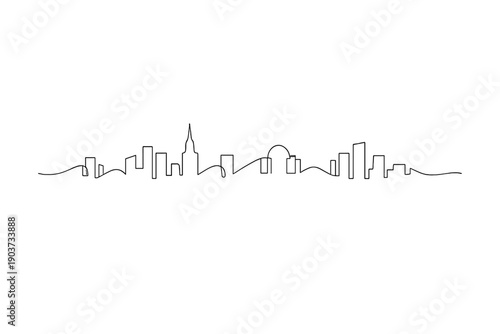 "Urban rhythm". Minimalistic one-line drawing of repeating city buildings forming a flowing rhythmic skyline, continuous