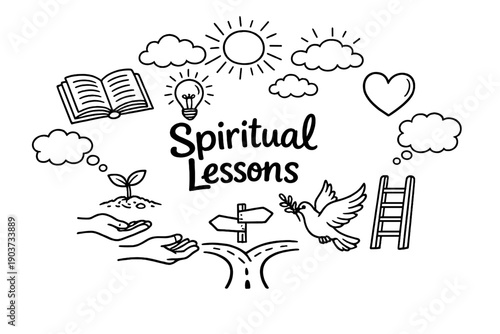 Spiritual Lessons. Hand-drawn doodle illustration of Spiritual Lessons. open book, light bulb, heart, path crossroads,