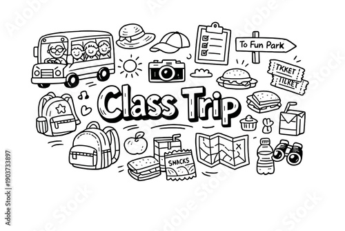 Class Trip. Hand-drawn doodle illustration of Class Trip. bus side view, smiling students, teacher, checklist clipboard,