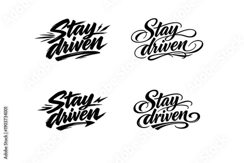 Stay driven. Create a calligraphy lettering illustration of the phrase: Stay driven. Render 4 variations of this phrase