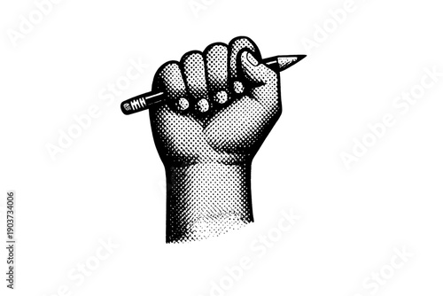 A raised hand holding a pencil, cropped at the wrist, rendered in black and white halftone illustration with pronounced