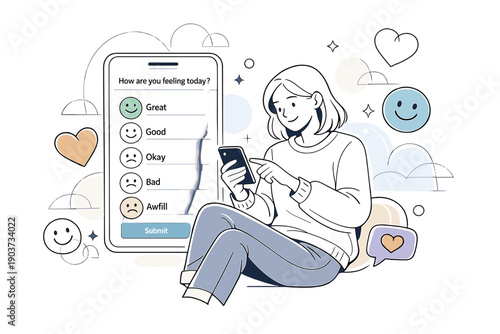 Mental health tracker UI illustration. Person sitting comfortably while logging mood on a mobile interface, heart and