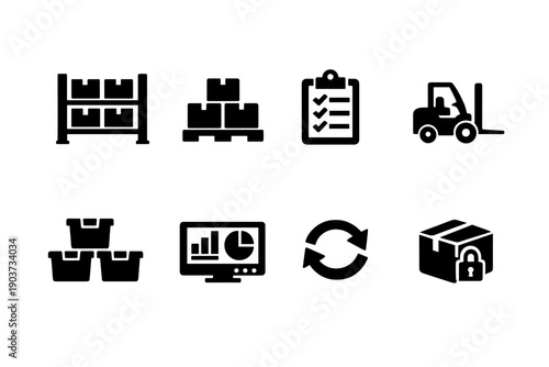 Warehouse Inventory. Filled icon set of Warehouse Inventory: warehouse shelves, pallet boxes, inventory clipboard,