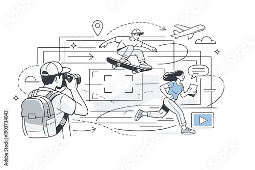 Modern visual storytelling. A photographer framing a scene as layered rectangles, focus points, and motion lines create