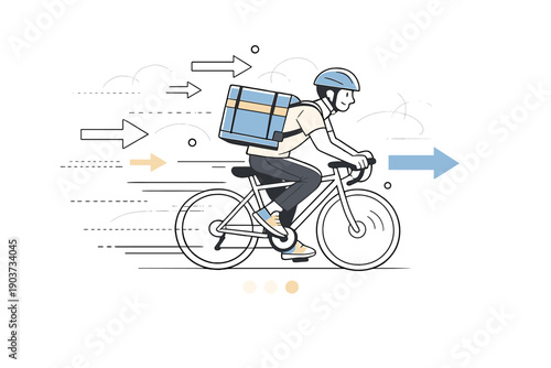 Fast and fresh delivery. Courier riding a bicycle with a delivery box, smooth motion lines showing speed and flow.