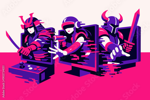 At closing time, a modern flat illustration depicts arcade warriors half-emerged from screens, paused between digital