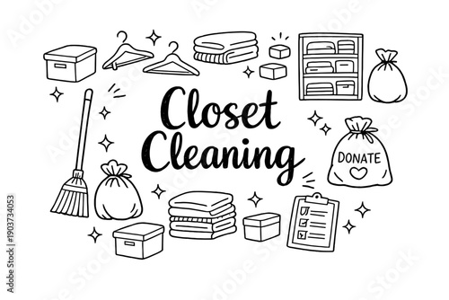 Closet Cleaning. Hand-drawn doodle illustration of Closet Cleaning. hangers, folded clothes, storage box, trash bag,