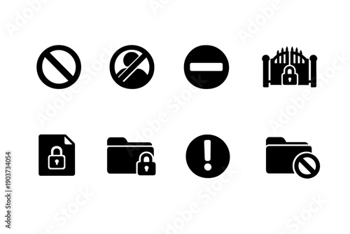 Restricted Access Symbols. Filled icon set of Restricted Access Symbols: access denied, restricted area, no entry sign,