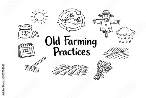 Old Farming Practices. Hand-drawn doodle illustration of Old Farming Practices. crop rotation arrows, seed pouch, field