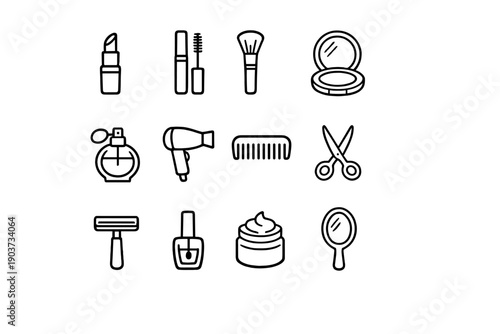 Beauty and grooming symbols. Line outline icon set of Beauty and grooming symbols: lipstick, mascara, makeup brush,