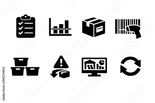 Storage Management. Filled icon set of Storage Management: inventory checklist, stock levels chart, labeled box, barcode