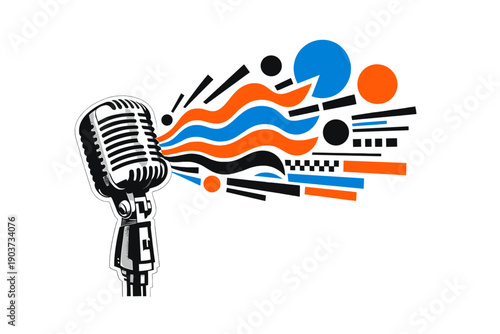 Modern graphic collage featuring a black-and-white vintage microphone as the main object, visually “singing” through