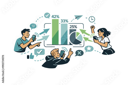 Real-time voting. Smartphones sending signals toward a central chart, percentages updating instantly. The atmosphere