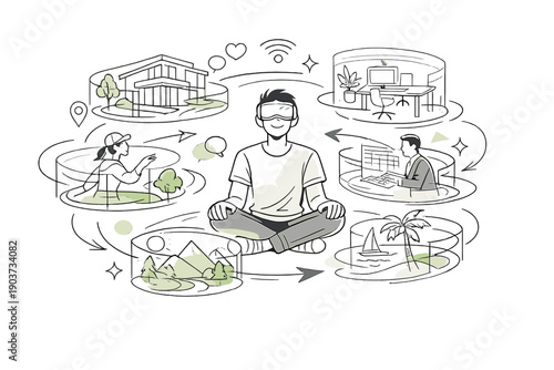 Living in Virtual Worlds. A central avatar surrounded by holographic homes, offices, and nature scenes orbiting smoothly