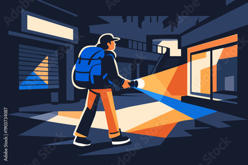 A modern flat illustration of an urban explorer entering a glowing abandoned mall, stylized human character with