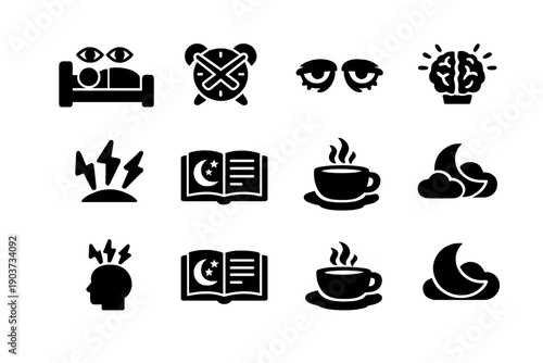 Insomnia treatment. Filled icon set of Insomnia treatment: awake person in bed, crossed alarm clock, tired eyes, brain