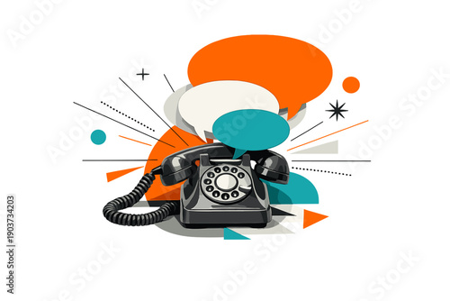 Surreal modern-retro collage of an old-fashioned telephone emitting oversized speech bubbles like audible signals,