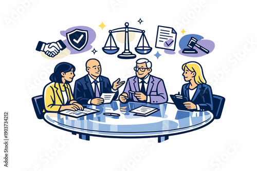 Corporate governance principles. Executives around a transparent table balancing scales and documents, symbols of