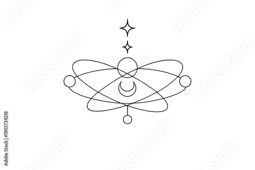 "Astrology symbol: celestial alignment". Minimalistic one-line drawing of abstract planetary orbits intersecting into a