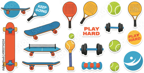 Set of Flat Sport and Fitness Stickers with Skateboard, Padel Rackets, and Gym Equipment