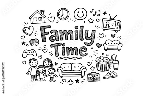 Family Time. Hand-drawn doodle illustration of Family Time. group of people icons, heart, sofa, television, popcorn,