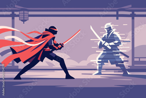 Modern flat illustration, modern character illustration, editorial cyberpunk style: a neon samurai facing an abstract