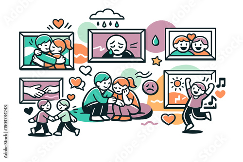 Art as emotion language. A gallery wall where photos and artworks come alive, emotions stepping out as expressive icons