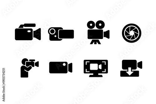 Video camera. Filled icon set of Video camera: video camera, camcorder, record camera, movie camera, video lens, filming