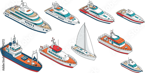 Isometric Vector Set of Luxury Yachts, Sailboats, Fishing Trawlers, and Speedboats for Marine Transport, Maritime Industry, Nautical Travel, and Summer Vacation Graphics