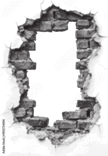 Damaged white wall reveals rough textured brick opening with negative space