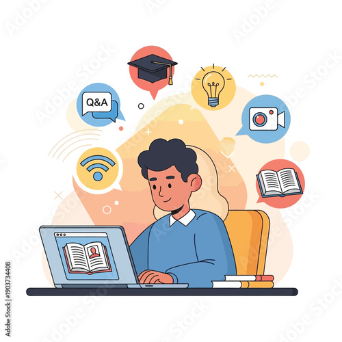 Young man learning online with laptop surrounded by educational icons like graduation cap lightbulb books video camera and wi fi symbol representing distance education