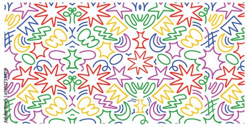 Vibrant and energetic seamless pattern featuring colorful hand drawn abstract shapes stars lightning bolts and whimsical doodles creating a festive background design