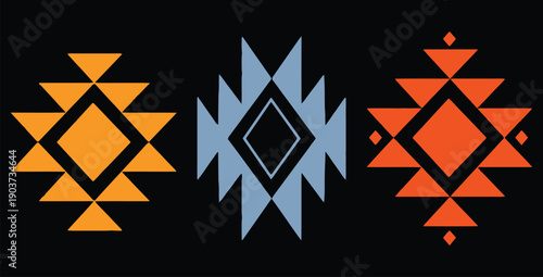 Three stylized geometric tribal textile patterns featuring symmetric diamond shapes and radiating triangles in contrasting orange and light blue against a solid black background