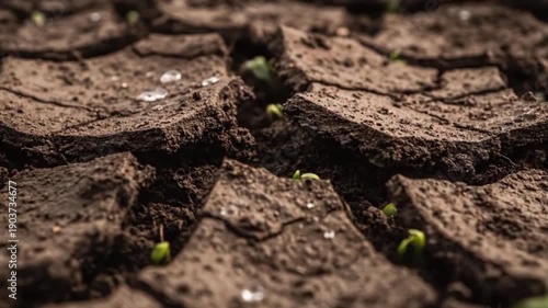Macro time-lapse of green plant sprouts growing through parched cracked soil, representing hope and life in a dry environment
