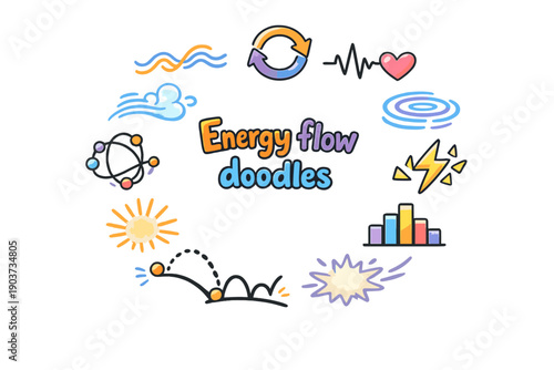 Energetic Doodle Symphony. Energy flow doodles. Hand drawn illustration of Energy flow doodles. flowing wave line,