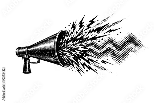 Antique megaphone depicted as a visual shout icon, cone transformed into a source of chaotic signal noise, graphic sound