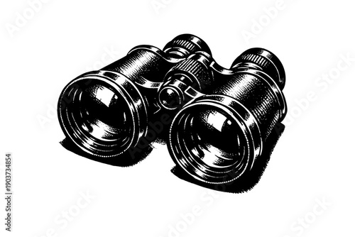 High-contrast black and white halftone illustration of retro binoculars lit like a film noir prop, reflective lenses and