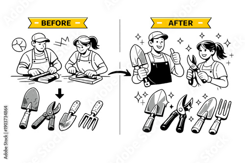 Tool sharpening process. Garden tools shown before and after sharpening, sparkle icons and clean edges indicating
