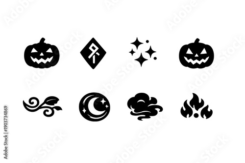 Glowing Fantasy Pumpkins. Fantasy pumpkins glowing. Filled icon set of Fantasy pumpkins glowing: glowing pumpkin, magic