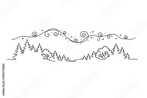 Firefly Night Elegance. "Firefly night woods". Minimalistic one-line drawing dense forest silhouette with swirling