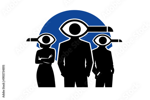 Eyes as Faces. Standing figures where faces are replaced by oversized eyes, monochrome silhouettes with crisp white