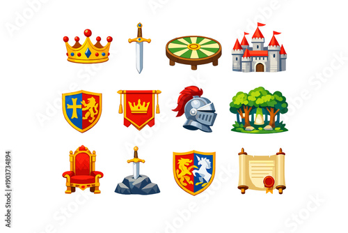 King Arthur legends. Colorful flat vector icons set of King Arthur legends: King Arthur crown, Excalibur sword, round