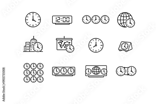 World clock. Line outline icon set of World clock: analog clock, digital clock, multiple clocks, city clock, globe clock