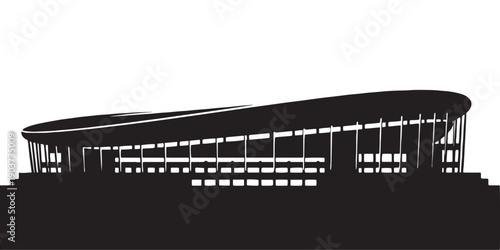 Modern Sports Stadium Silhouette, Architectural Design, Black and White